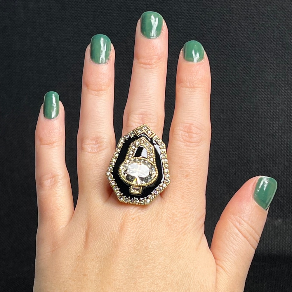 HEIDI DAUS Statement Black Gold Ring with Swarovski Crystals Estate Find